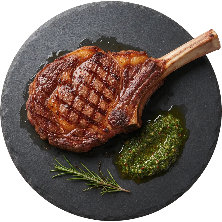 Tomahawk a la parrilla servido en plato, visto desde arriba