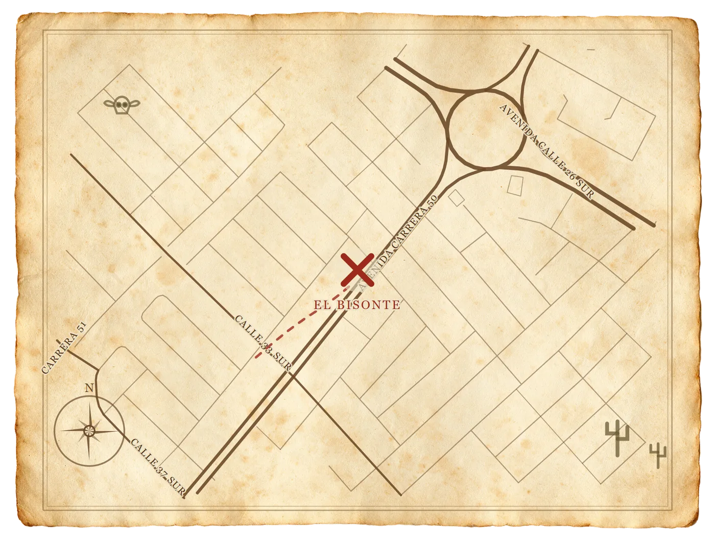 Mapa del barrio dibujado sobre pergamino al estilo del Viejo Oeste: el trazado real de la Avenida Carrera 50 y las calles vecinas, con una X roja sobre El Bisonte. Pulsa para abrir la ubicación en Google Maps.